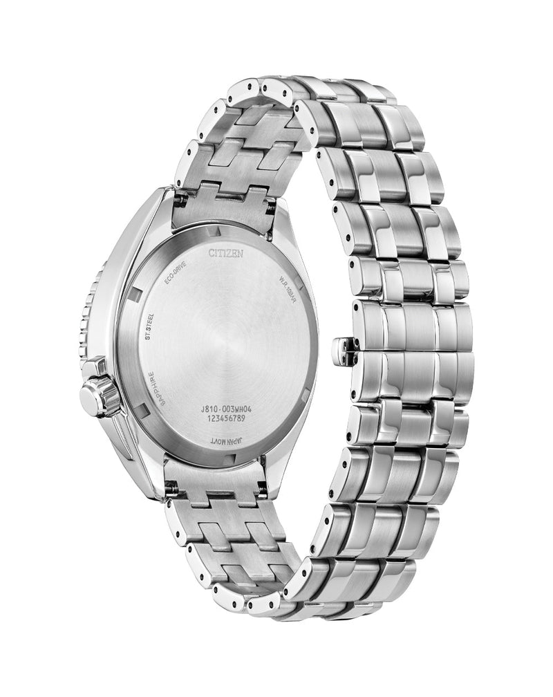 Silver metal wristwatch with a linked bracelet band.