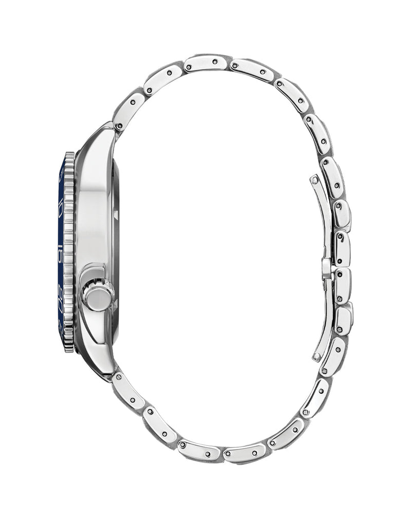 Silver wristwatch with a metal link band and blue bezel.