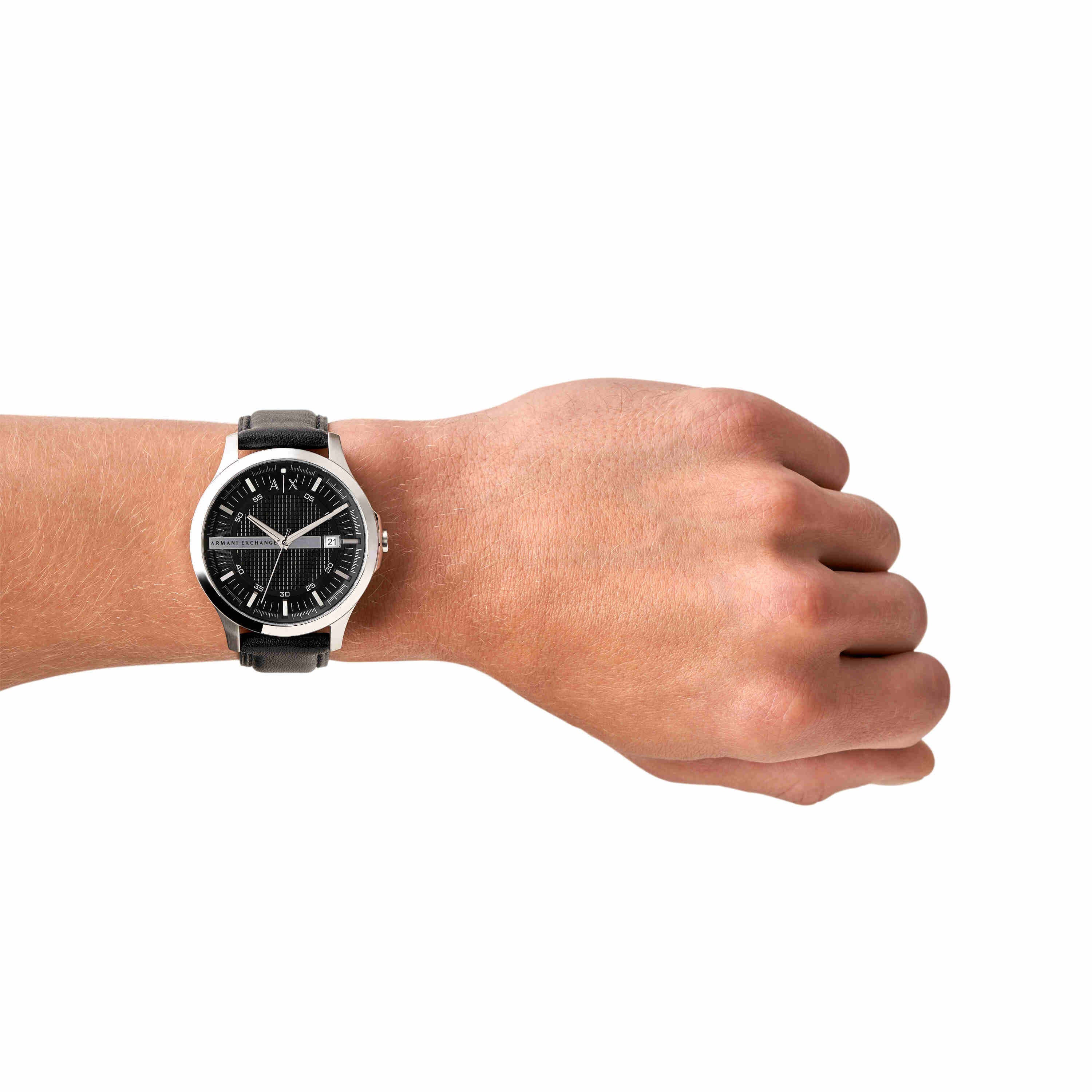 Armani Exchange Black Leather Strap Black Dial Watch AX2101
