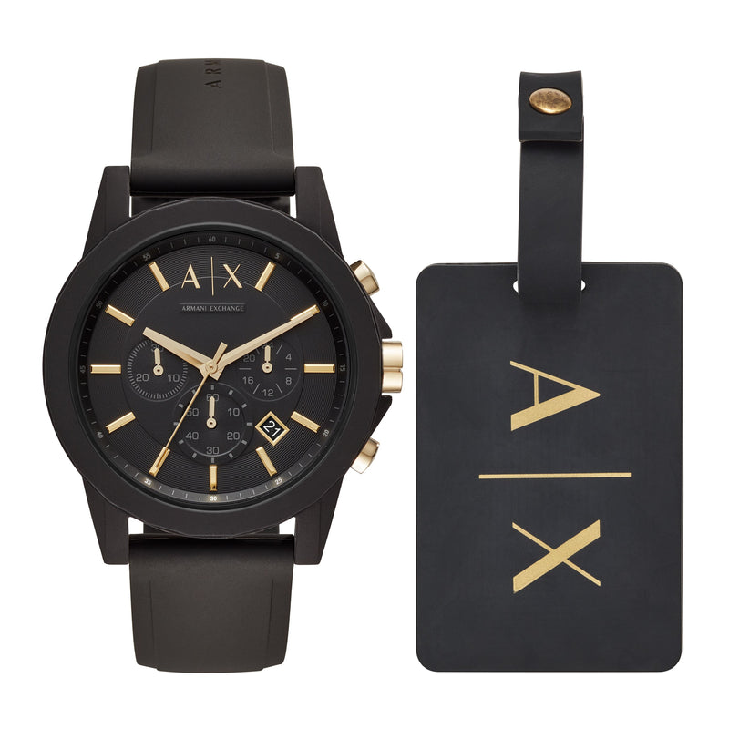 Armani Black Silicone Chronograph Watch Set AX7105