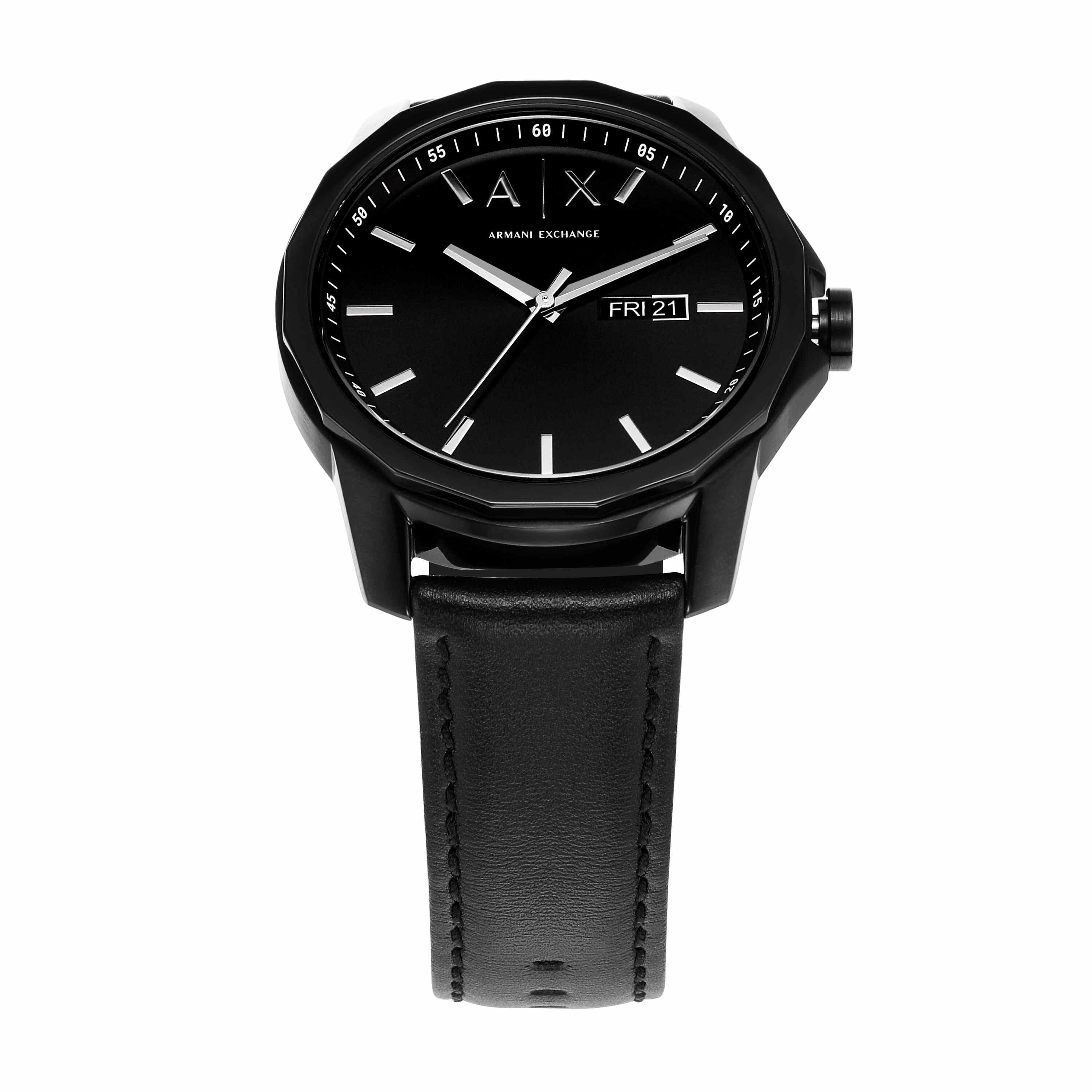 Armani Exchange Black Leather Watch and Black Stainless Steel Bracelet Set AX7147SET