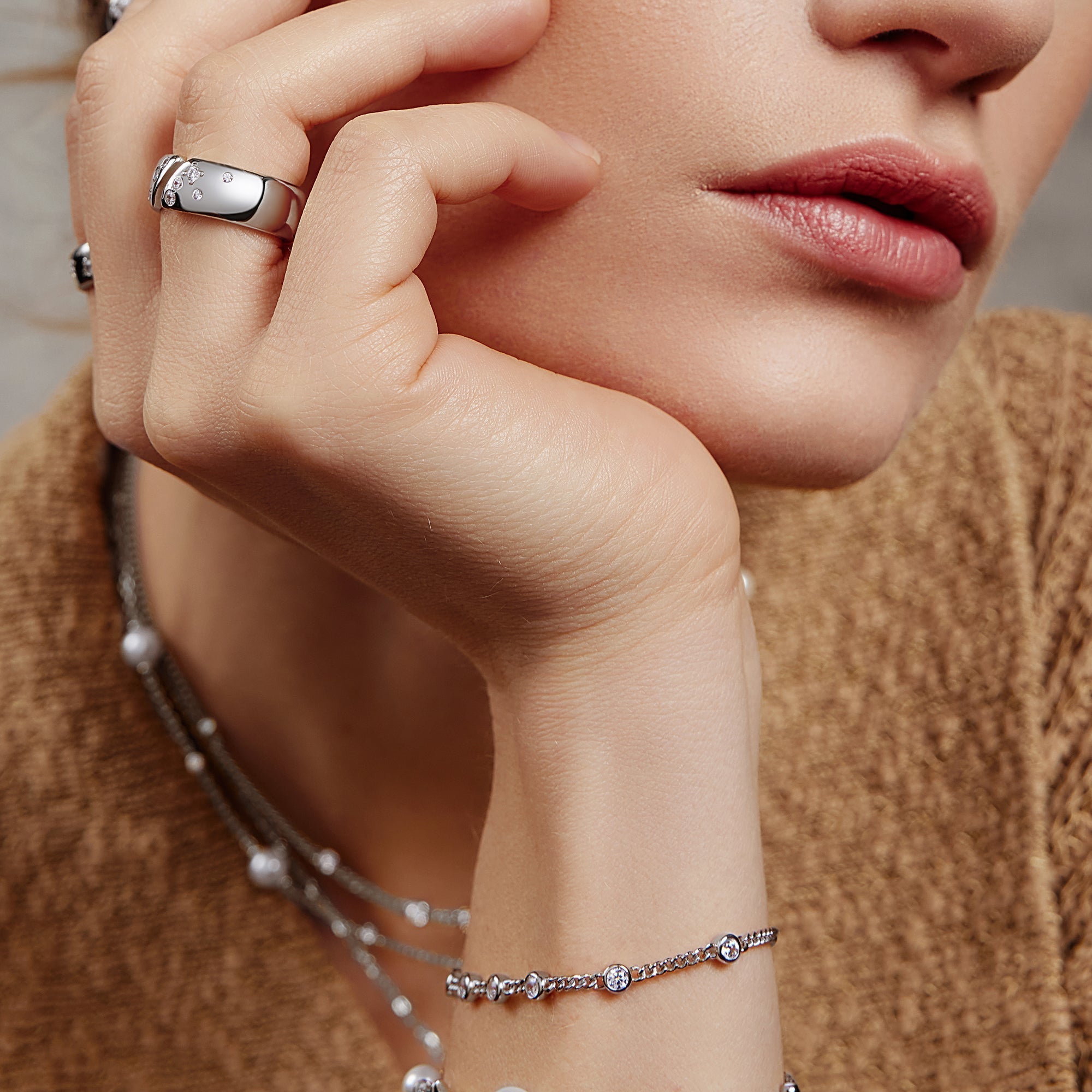 Silver Multi Station Bracelet Elegant Layered Round Stone Design