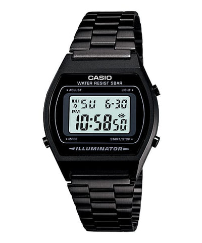 Black digital Casio wristwatch with a rectangular face and metal band.