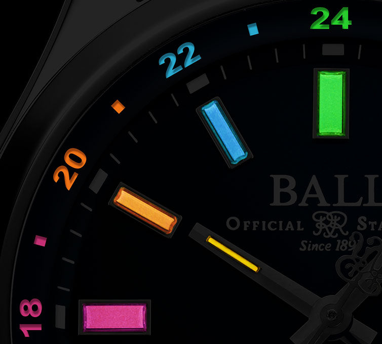 Partial view of a colorful watch face with hour markers and the ’BALL’ brand name visible.