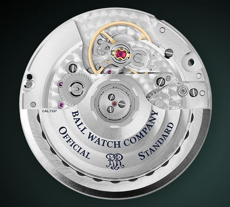 Intricate mechanical watch movement with gears and ’Ball Watch Company’ engraving.