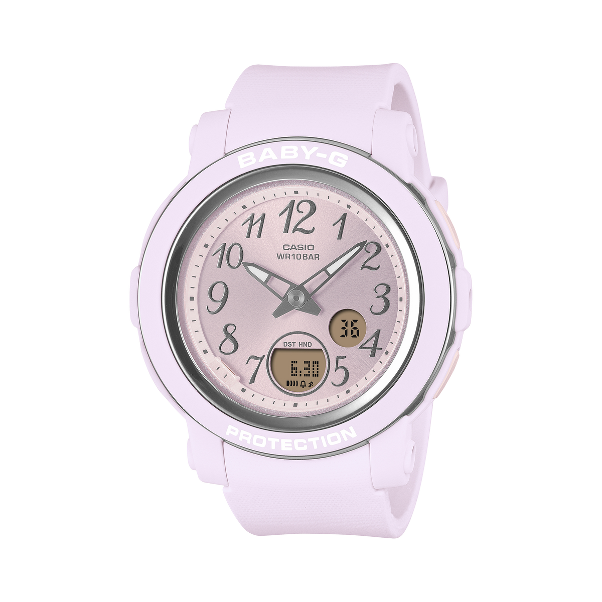 Baby-G BGA290SA-6A pale purple analogue digital watch on a resin band, shown straight on.