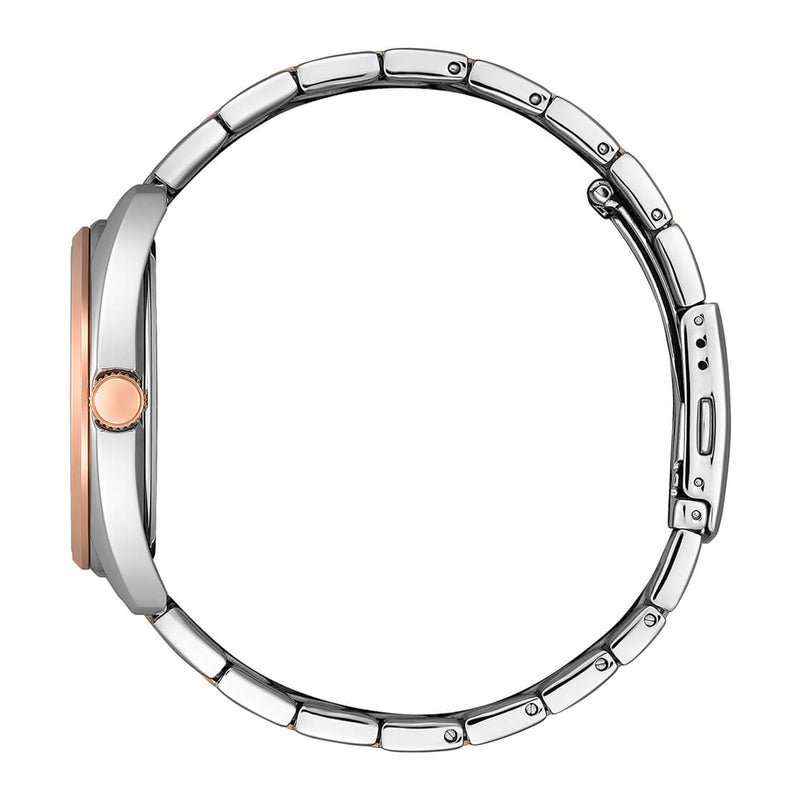 Sleek wristwatch with a silver metal band and rose gold accents.