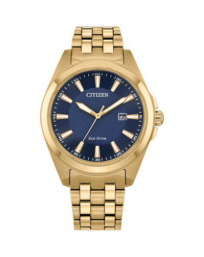 Gold-toned wristwatch with a blue dial face and date display.