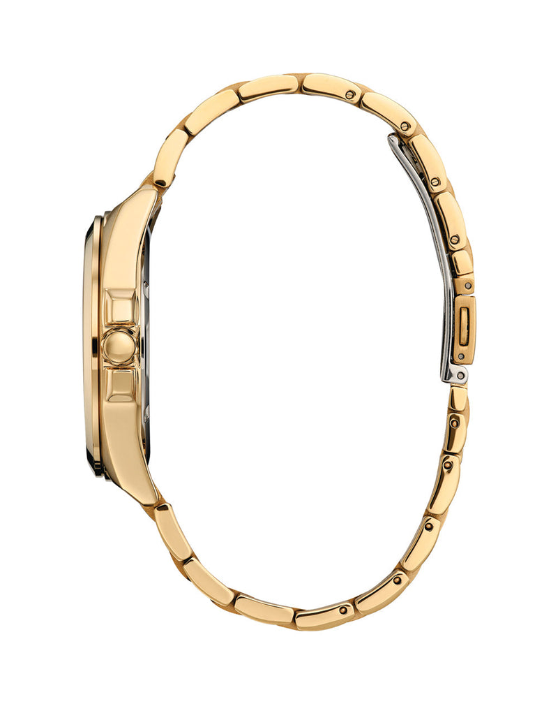 Gold-toned wristwatch with a metal link bracelet.