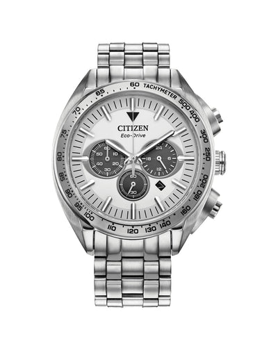 Silver-toned Citizen chronograph wristwatch with a white dial and metal bracelet.