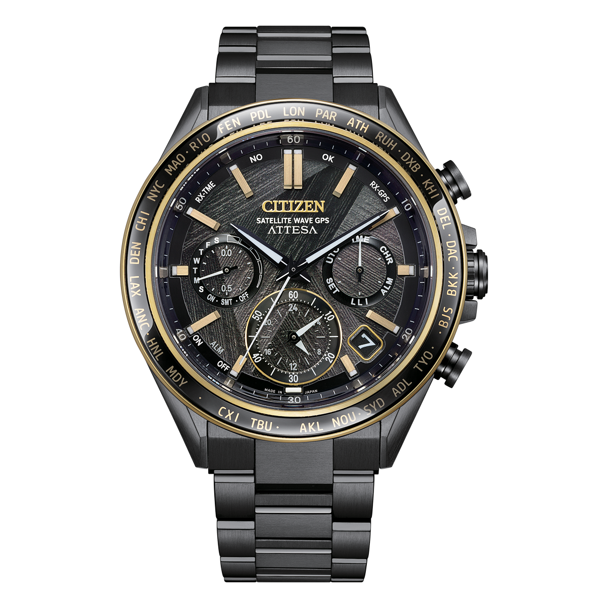 Citizen Attesa Light in Black CC4078-51E men's watch black dial black titanium bracelet front view
