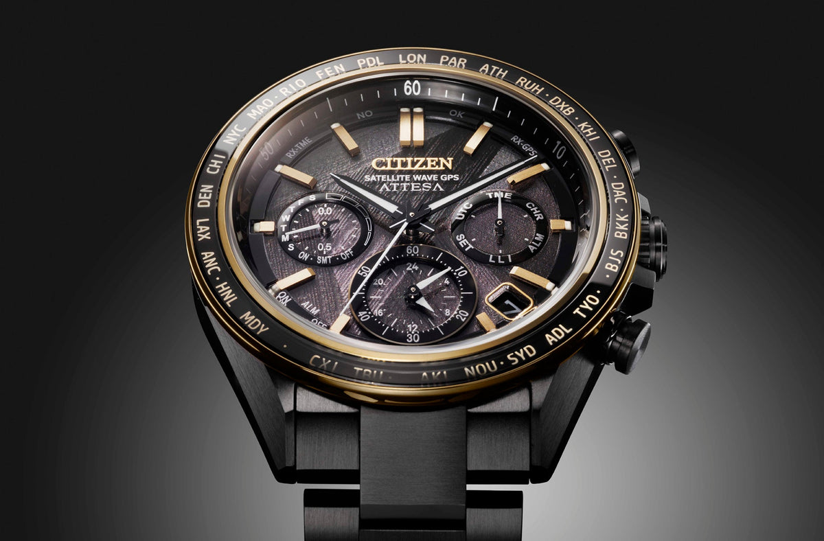 Citizen Attesa Light in Black CC4078-51E men's watch black dial black titanium bracelet angled view