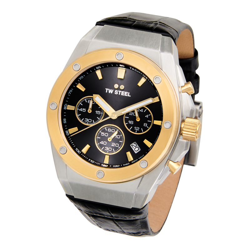 TW Steel Yellow Gold Black Dial Leather Strap Watch CE4111