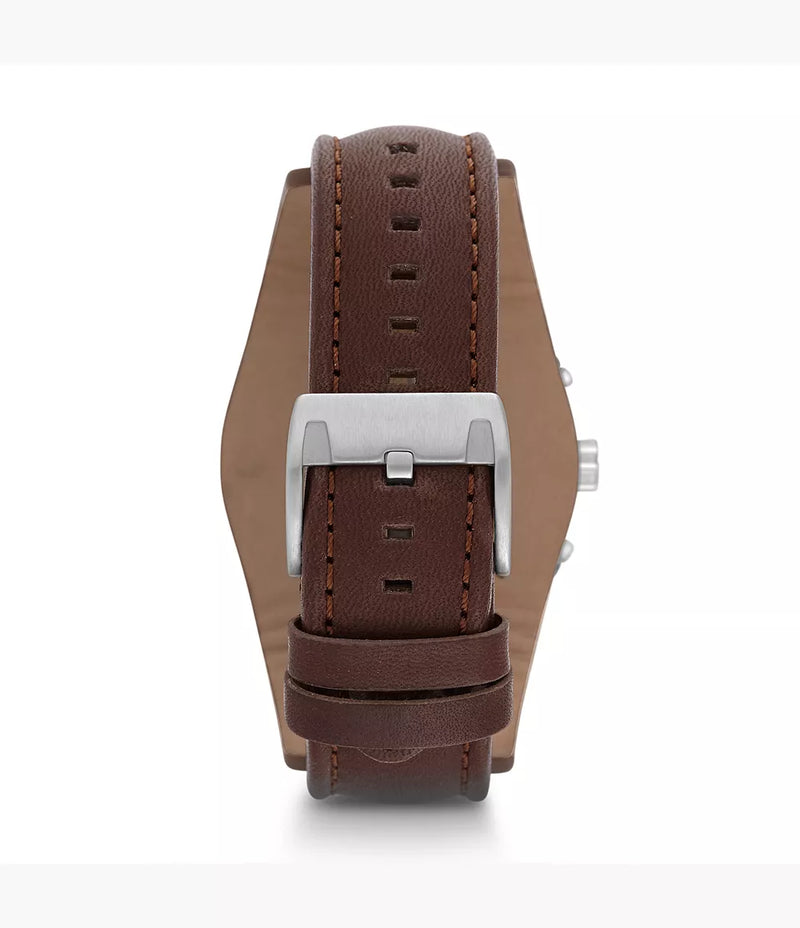 Brown leather watch strap with a silver buckle.