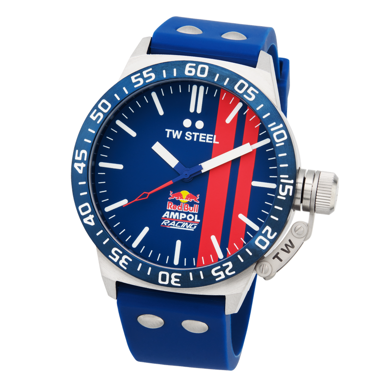 Blue and silver wristwatch with a Red Bull Racing logo on the dial and a blue rubber strap.