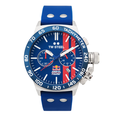 Sporty wristwatch with a blue and red dial, blue bezel, and blue strap featuring Red Bull branding.