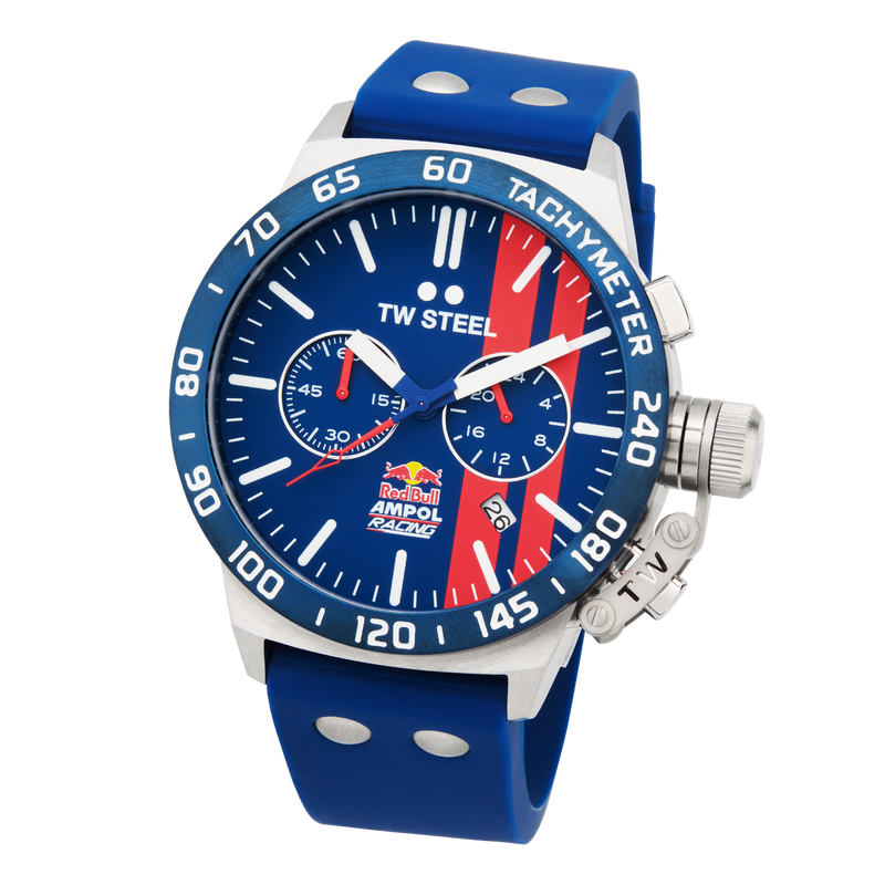 Blue and silver sports watch with a Red Bull Racing logo on the dial.