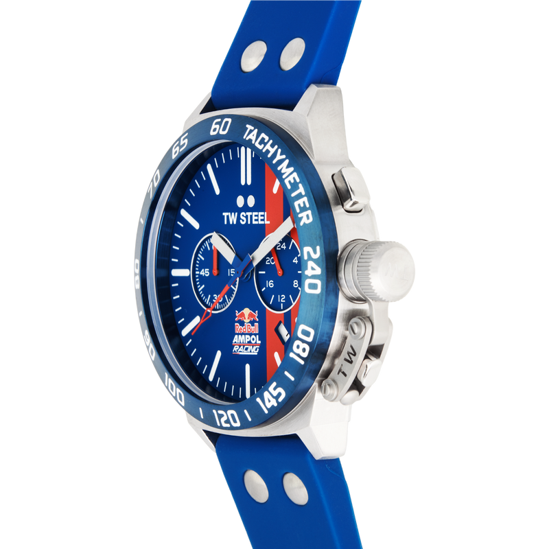 Sporty blue and silver wristwatch with a chronograph function and perforated rubber strap.