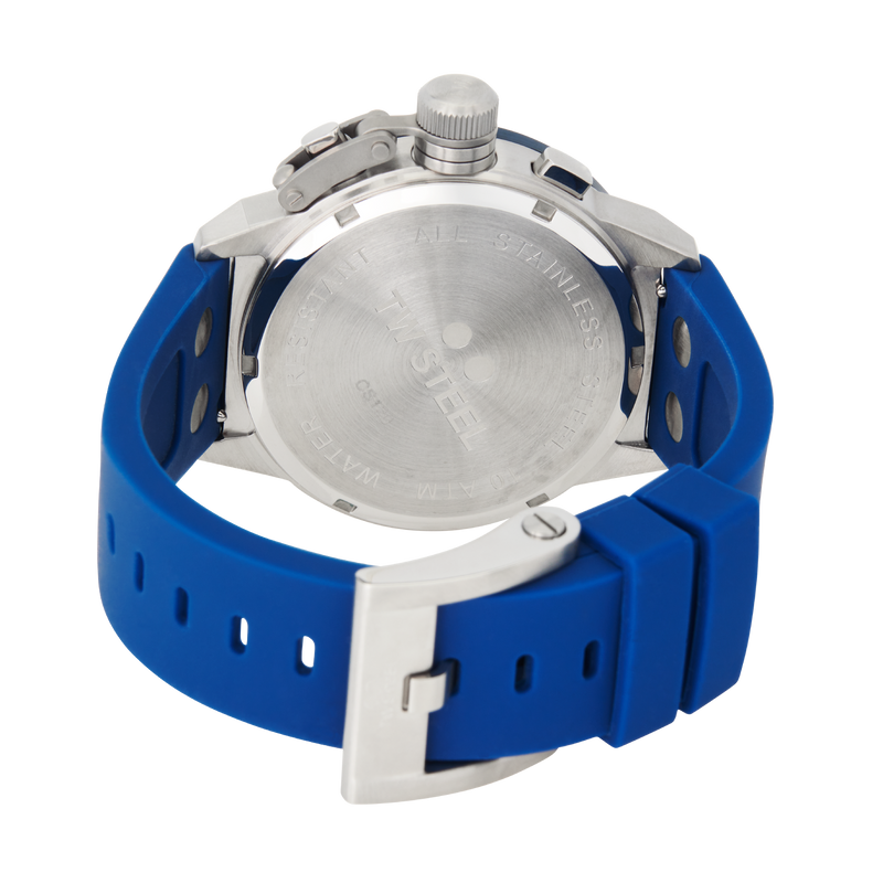 Wristwatch with a blue rubber strap and silver metal case.