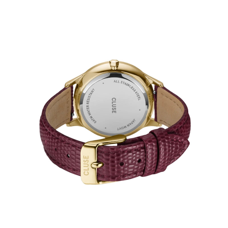 CLUSE Minuit Multifunction Dark Cherry Lizard Gold Watch CW10706