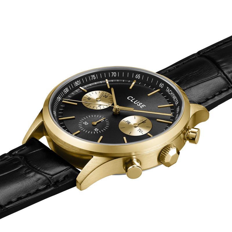 CLUSE Mens Antheor Multifunction Gold Black Black Leather Watch CW21004