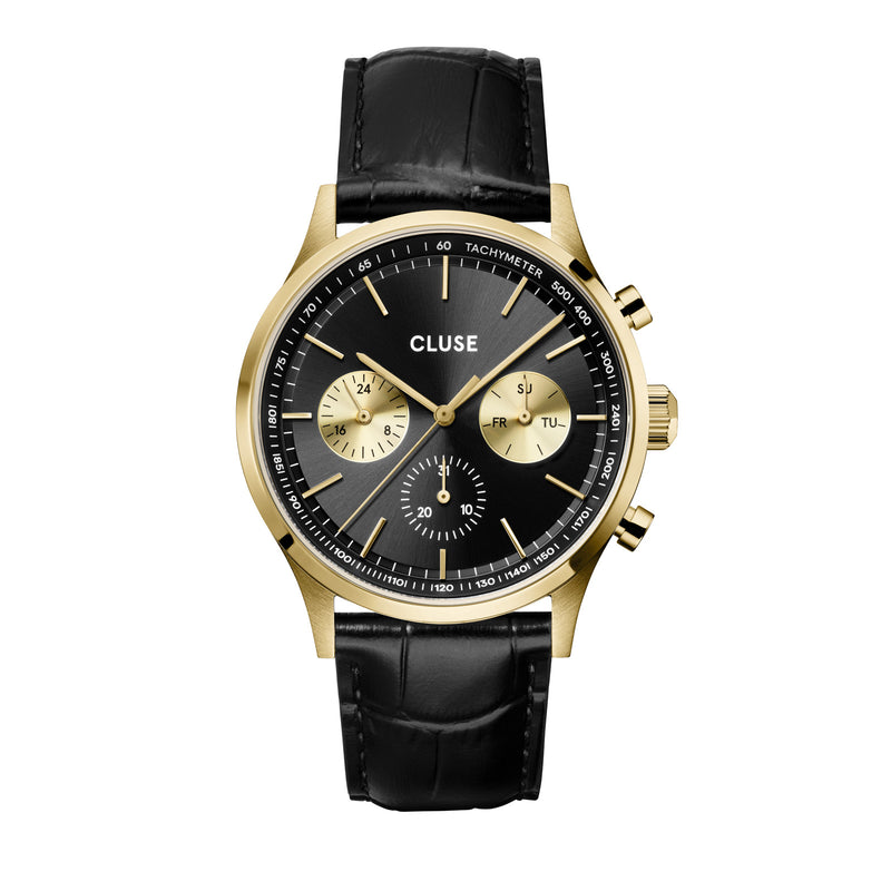 CLUSE Mens Antheor Multifunction Gold Black Black Leather Watch CW21004