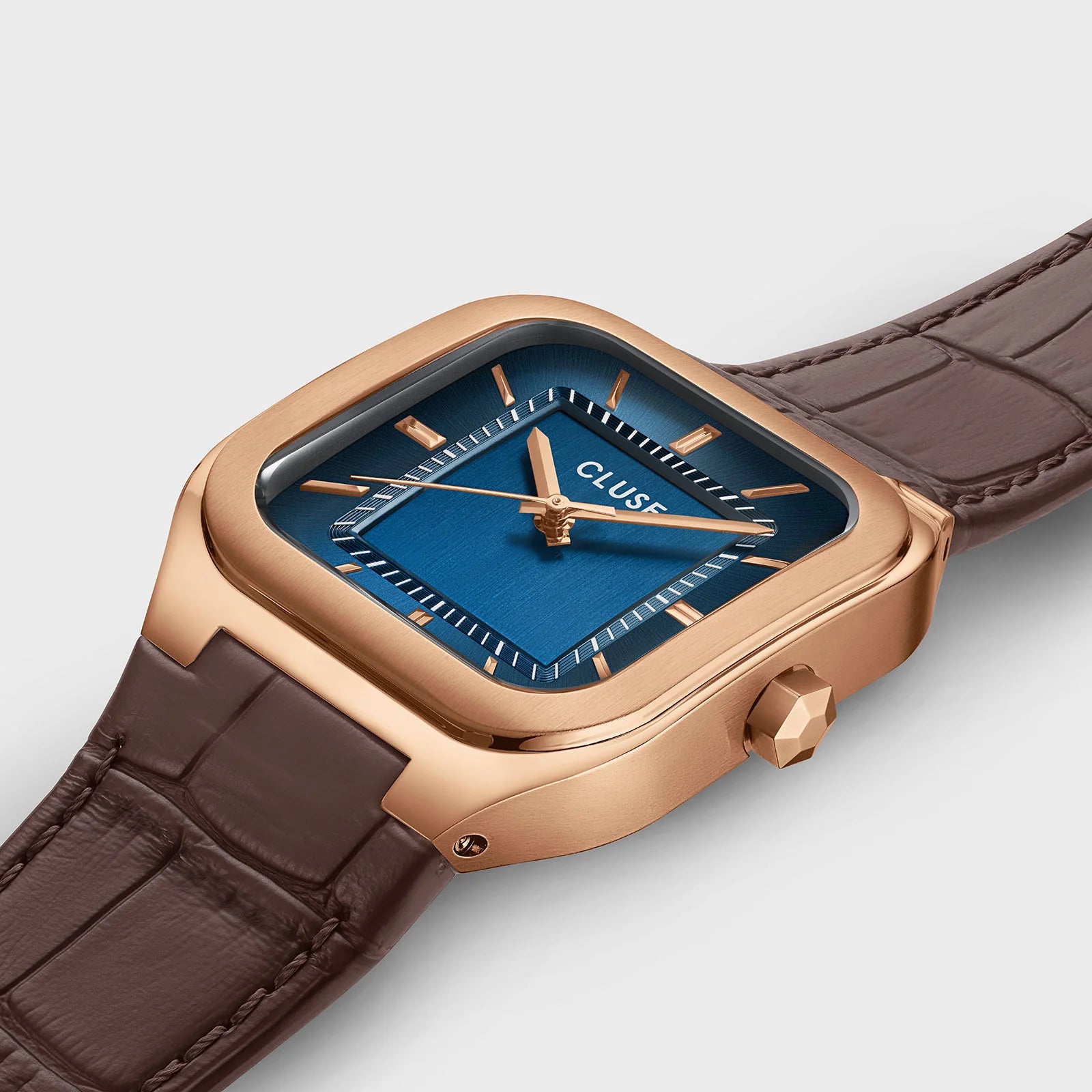 CLUSE Quadrus Brown Leather Band Blue Dial Rose Gold Men's Watch CW25705