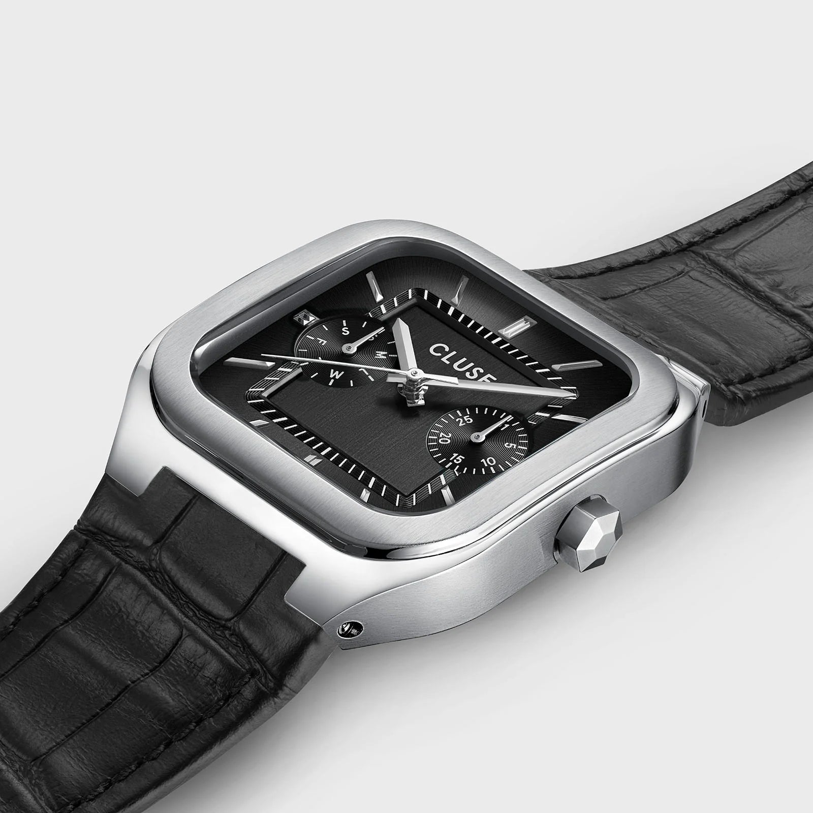 CLUSE Quadrus Multifunction Leather, Black, Silver Colour Watch CW26203