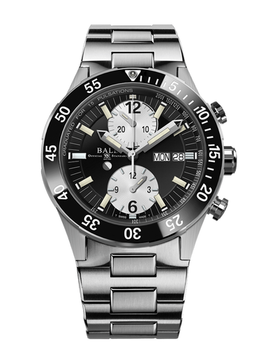 Stainless steel chronograph wristwatch with a black dial and rotating bezel.