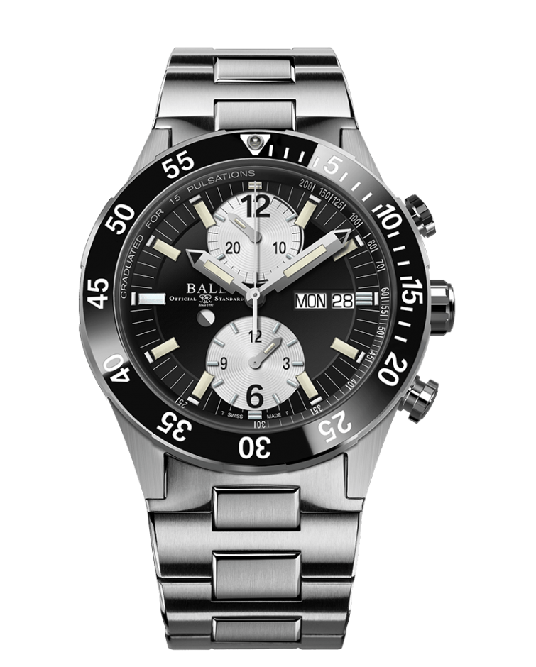 Stainless steel chronograph wristwatch with a black dial and rotating bezel.