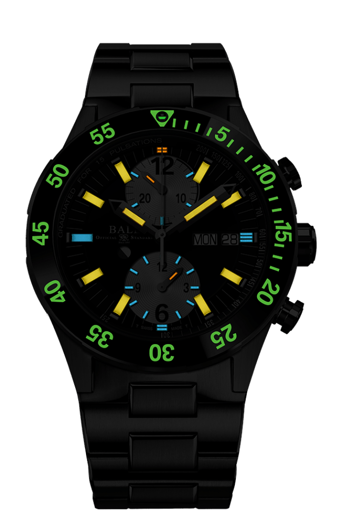 Black wristwatch with a luminous dial featuring green numerals and yellow hour markers.