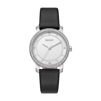 DKNY Astoria Glitz Silver Dial Black Leather Strap Watch DK1L065L0015