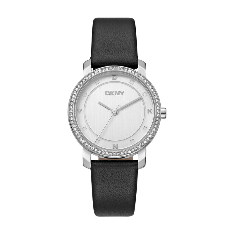 DKNY Astoria Glitz Silver Dial Black Leather Strap Watch DK1L065L0015