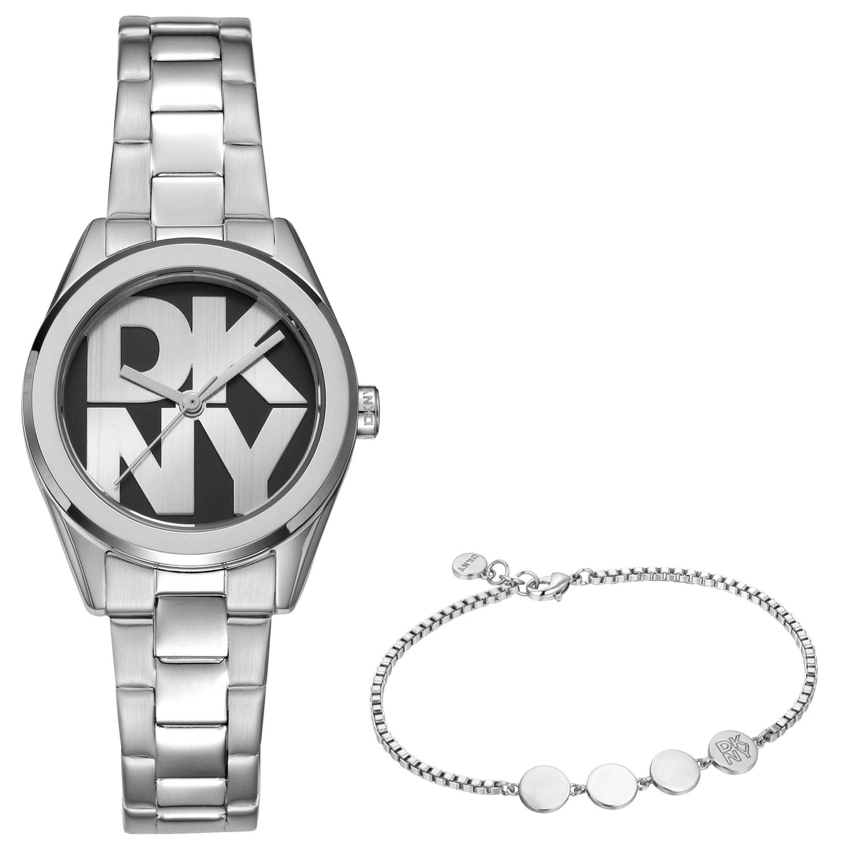 DKNY Logo Silver 28mm Black Dial Womens Watch + Silver Bracelet DK1L145M0045