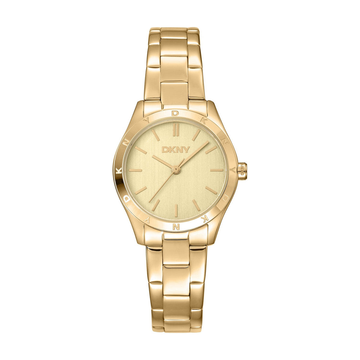 DKNY Logo Gold Dial Gold Steel Womens Watch DK1L147M0055 front packshot