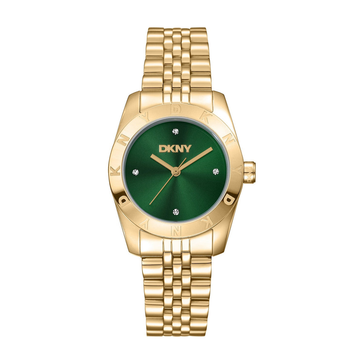 DKNY Logo Green Dial Gold Steel Womens Watch DK1L185M0245 front packshot
