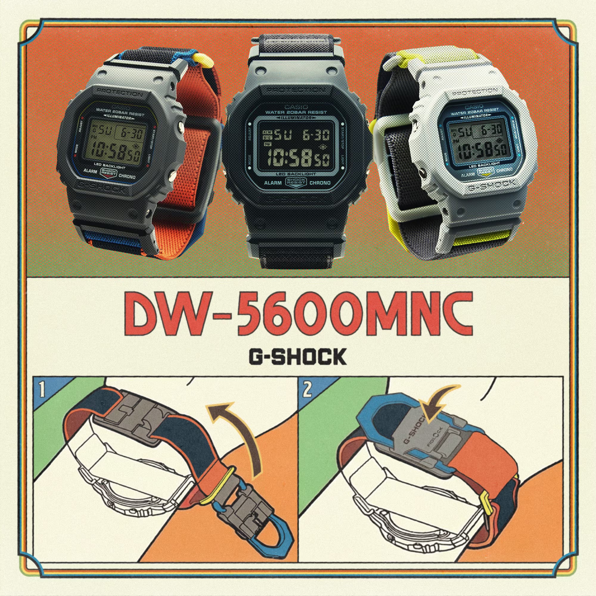 G-Shock Digital Black Case Multi Colour Band Nylon FIDLOCK Clasp Band Watch DW5600MNC-8A2