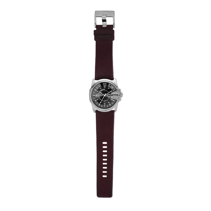 Wristwatch with a dark brown leather strap and a black analog face.