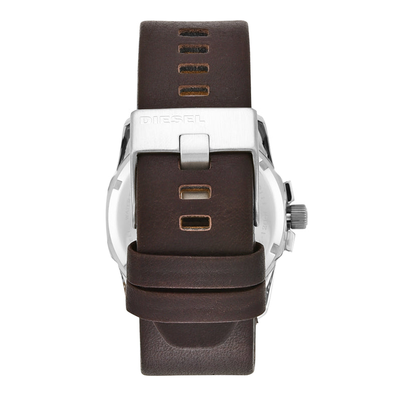 Brown leather watch strap with a silver buckle.