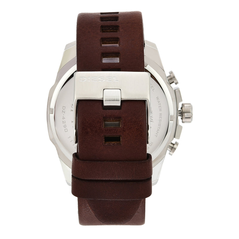 Wristwatch with a silver case and brown rubber strap.