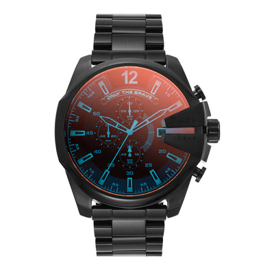 Black wristwatch with a red and blue gradient dial and chronograph features.