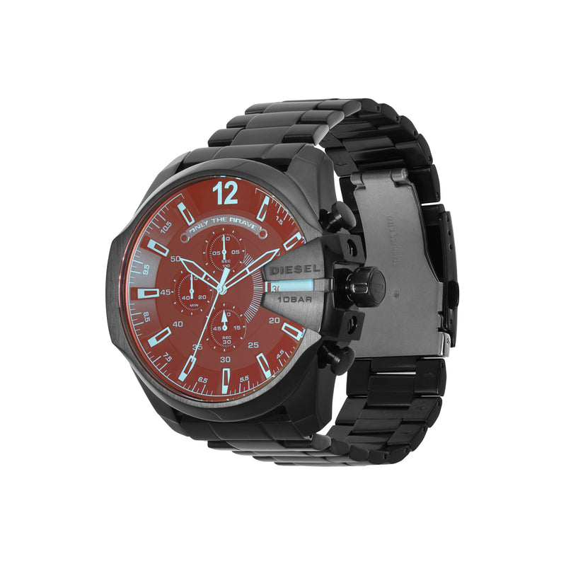 Black wristwatch with a red dial face and chronograph subdials.