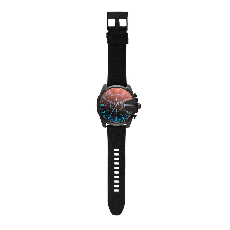 Wristwatch with a black band and colorful analog face.