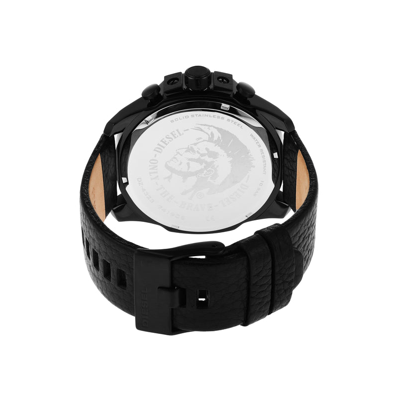 Black wristwatch with a leather strap and chronograph features.