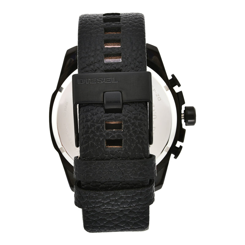 Black leather watch strap with a chunky buckle and watch case back visible.