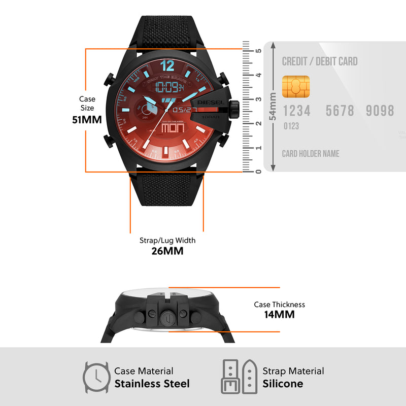 Sleek black wristwatch with a red digital-analog hybrid display and silicone strap.