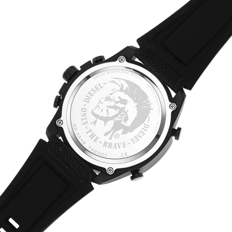 Wristwatch with a black strap and engraved caseback featuring a circular logo design.
