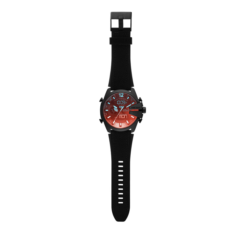 Black wristwatch with a red dial face and silver accents.