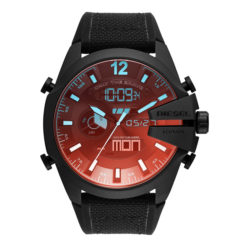 Black wristwatch with a red gradient dial and digital displays.