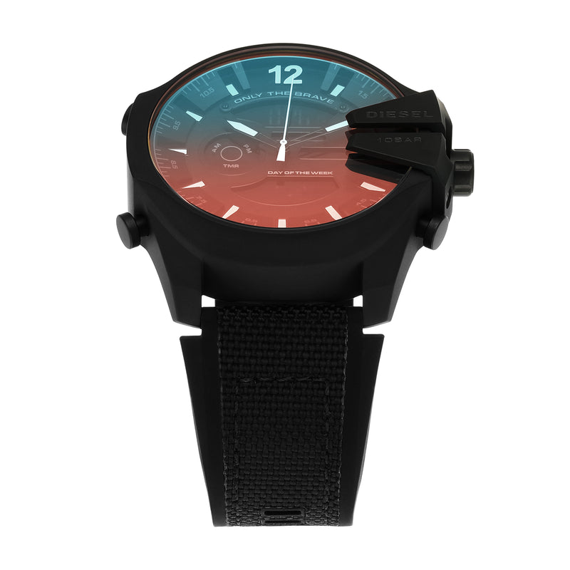 Wristwatch with a black case and strap featuring a gradient blue-to-red dial face.